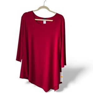 CARIBE Red 3/4 Sleeve V Neck TUNIC TOP 1XL Pullover Asymmetrical Hem Stretch NEW